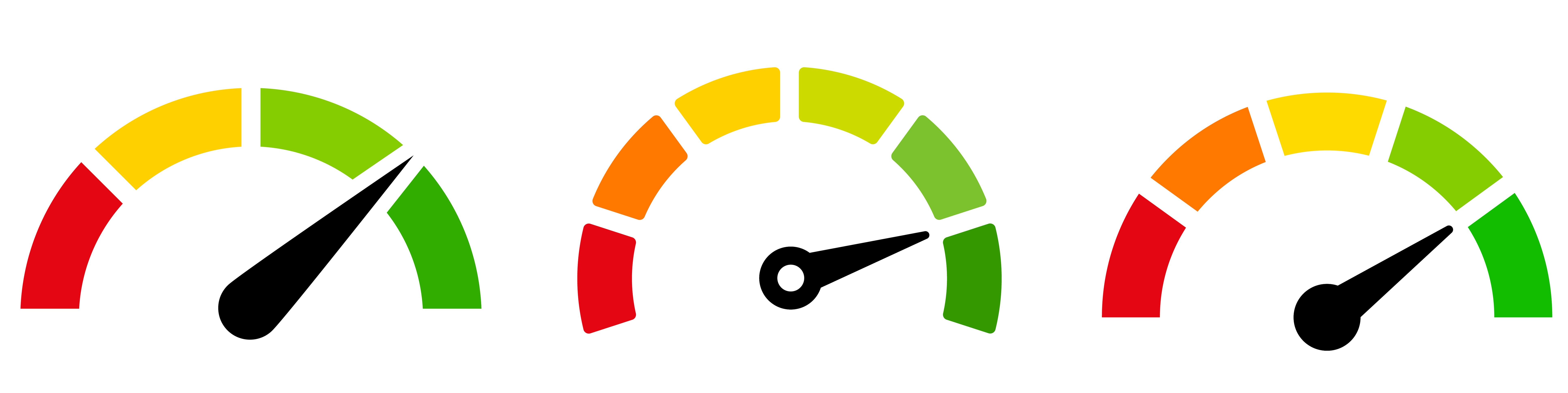 Drei Tachometer mit farbigen Skalen von grün bis rot, jede mit einem Zeiger. Links zeigt der Zeiger auf gelb, in der Mitte auf gelb-grün, rechts auf orange-gelb. Umgebung neutral.