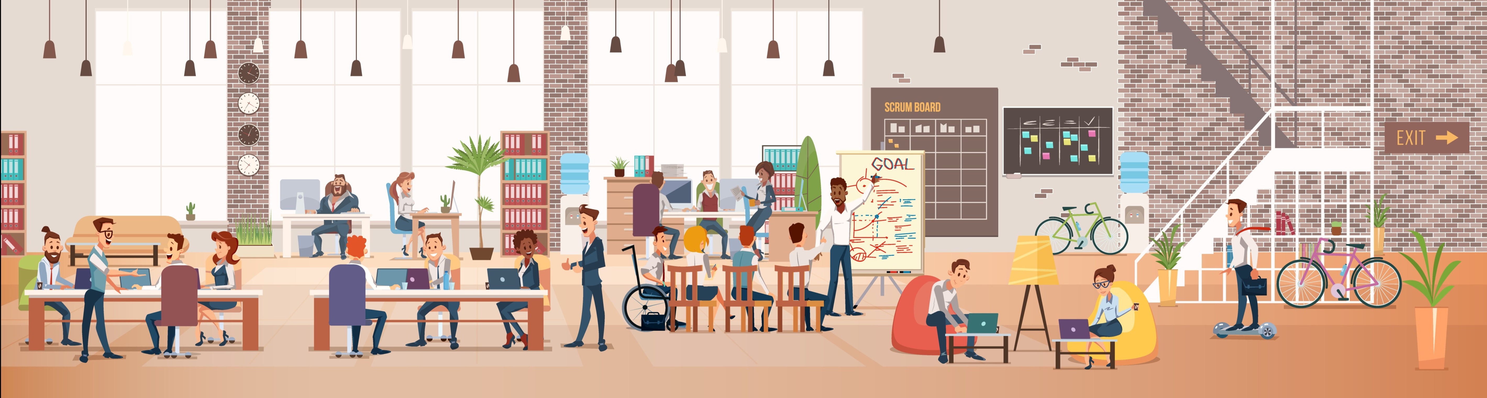 Menschen arbeiten an Laptops und diskutieren in einem offenen Büro mit Tischen, Pflanzen und einer Tafel mit Diagrammen. Eine Person präsentiert Informationen auf einem Flipchart. Fahrräder stehen im Hintergrund.